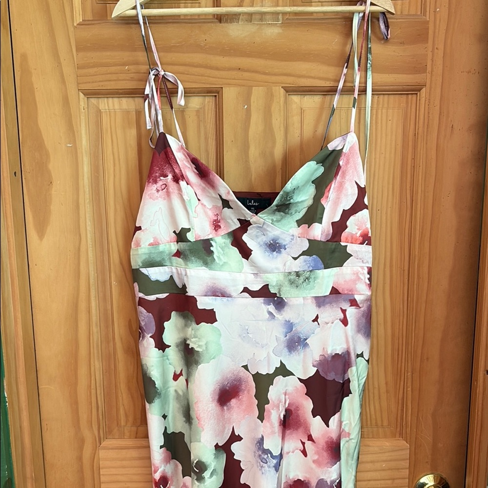Adored Poise Satin Burgundy Floral Tie-Strap A-Line Midi Dress